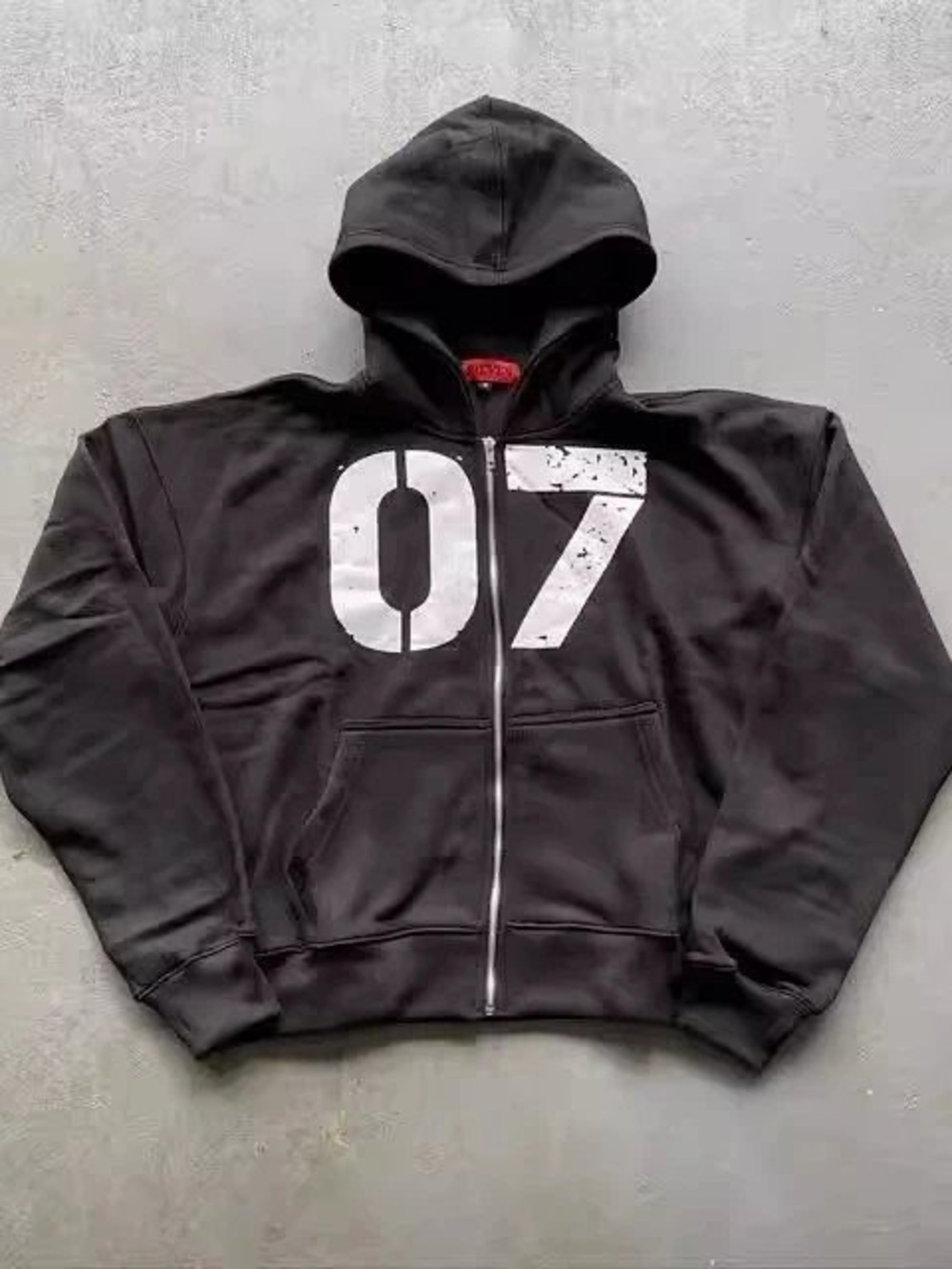 Black Hooded Zip-Up Jacket with White '07' Print